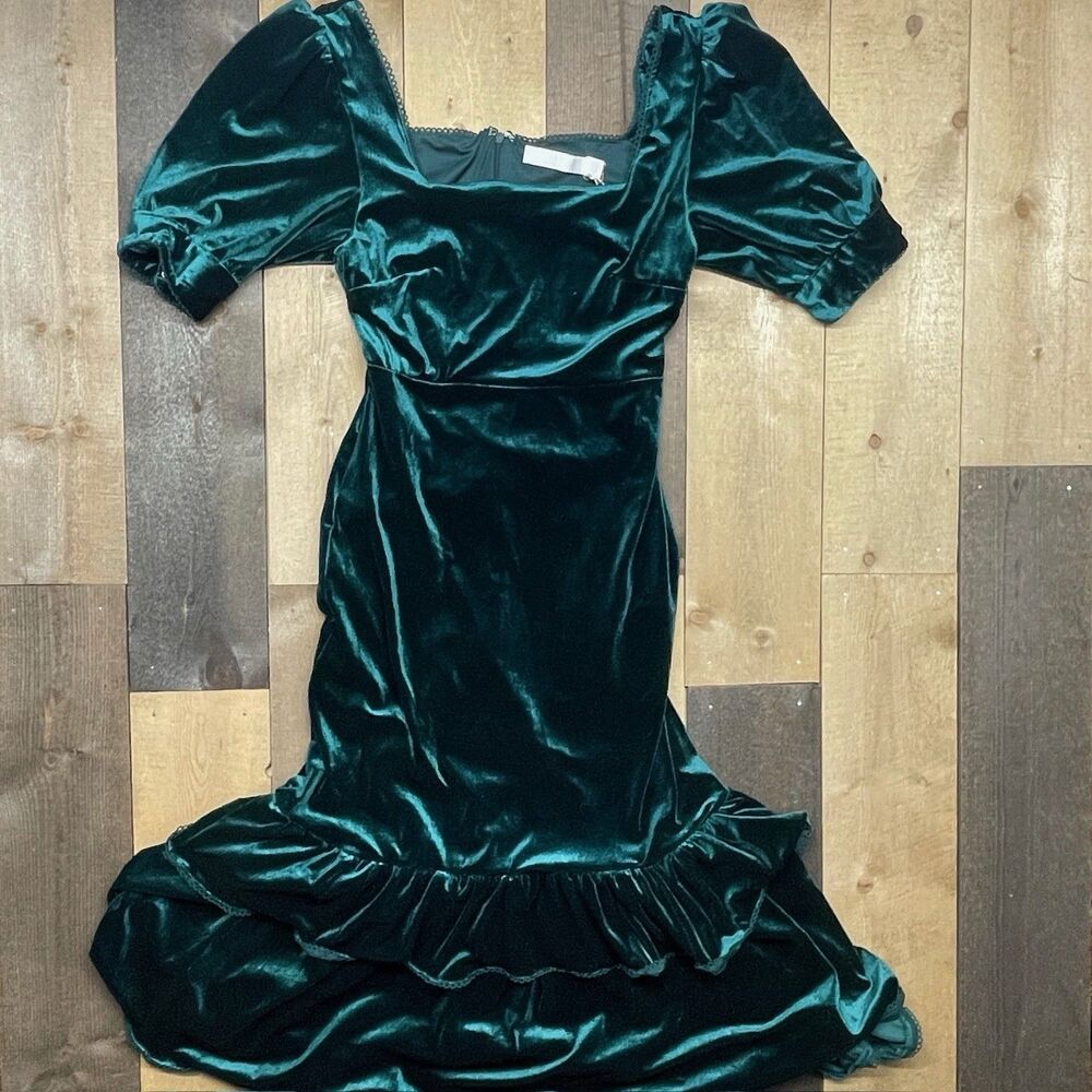 Rachel Parcell SMALL Puff Sleeve Velvet Midi Dress Ruffle Victorian Goth NWT